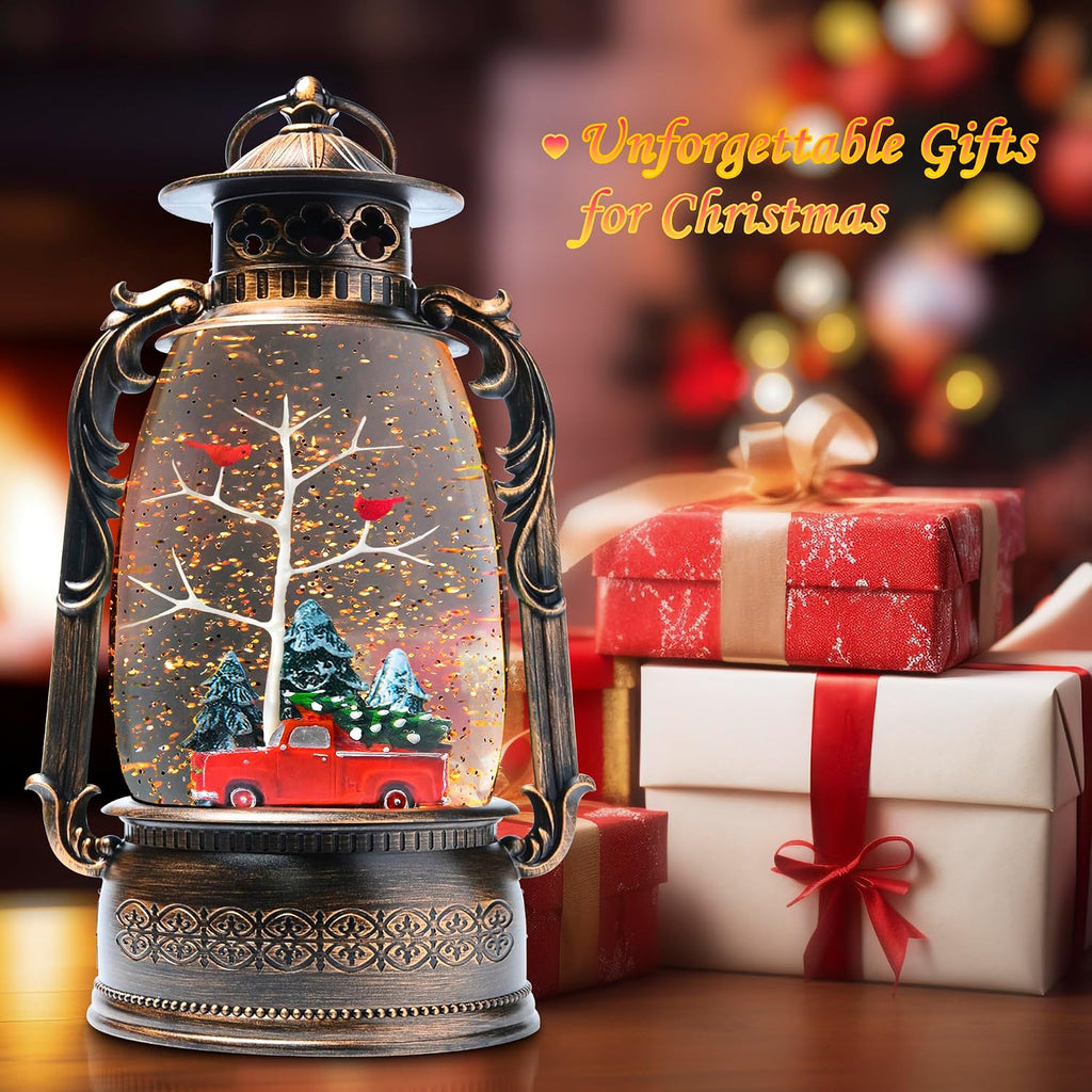 Large Christmas Snow Globes, 13.8" Cardinal Musical Snow Globe 8 Songs 6H Timer Music Box Dual Power Snowglobes for Kids Adults Red Truck Christmas Lantern Lighted Christmas Decor Indoor Gifts