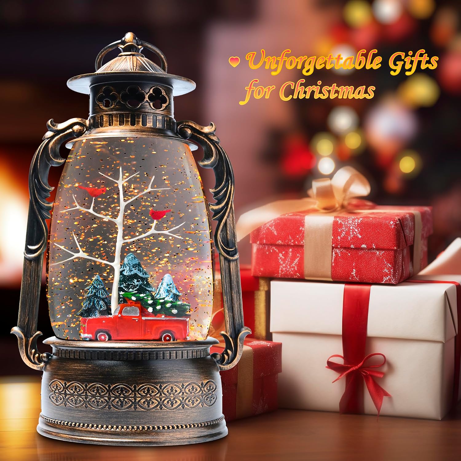Large Christmas Snow Globes, 13.8" Cardinal Musical Snow Globe 8 Songs 6H Timer Music Box Dual Power Snowglobes for Kids Adults Red Truck Christmas Lantern Lighted Christmas Decor Indoor Gifts