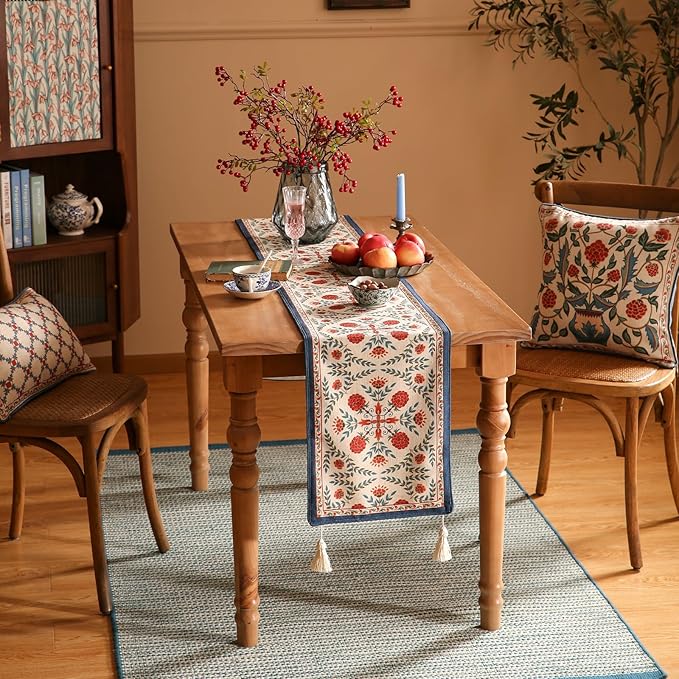 patdrea Designer Vintage Bright Farmhouse Linen Table Runner 71 Inch Long, Maroon Floral Pattern Table Mat, Decoration for Kitchen Dining Table Coffee Table Cabinet Banquet Christmas ,12"*71"