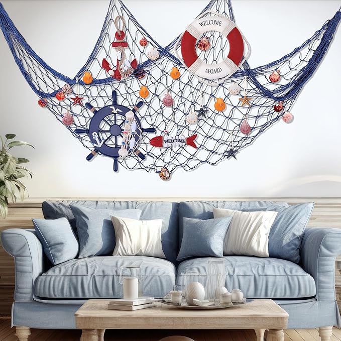 Marsui 11 Pcs Wooden Nautical Wall Decor Fishing Net Decoration, Include Decorative Fishing Net, Ship wheel, Fish Skeleton, Life Ring, Anchor, Starfish Beach Decor for Mediterranean Party (Retro Red)