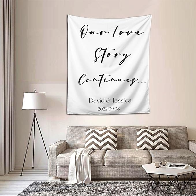Our Love Story Continues Backdrop Custom Tapestry with Names and Date Personalized Calligraphy Banner for Ceremony Rustic Wedding Sign Reception Arch