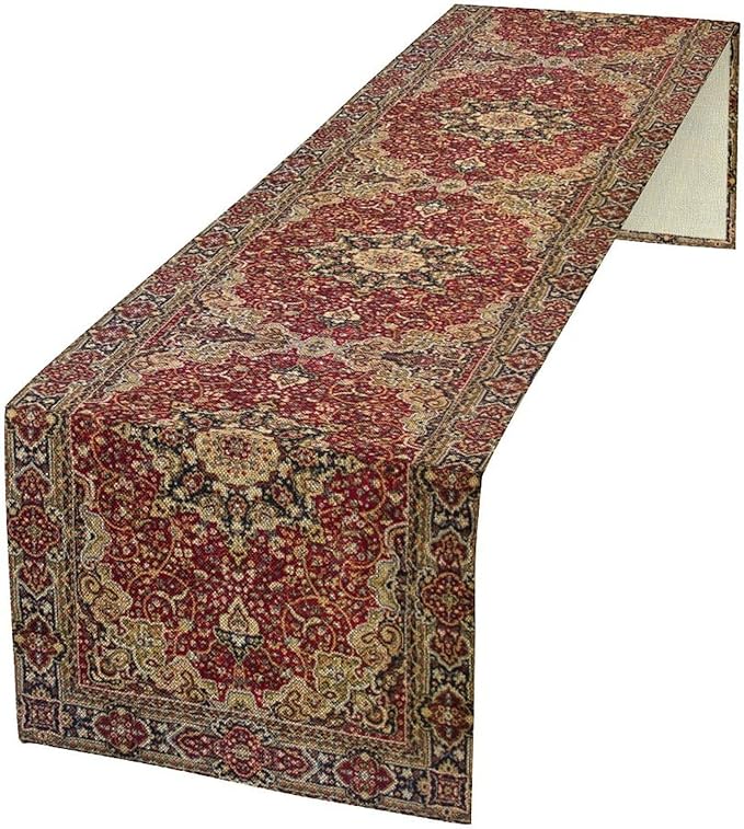 Vintage Boho Floral Table Runner, Rustic Country Farmhouse Red Gold Bohemia Flower Pattern for Home Kitchen Table Decor Dining Coffee Room Party Decor 13x72in