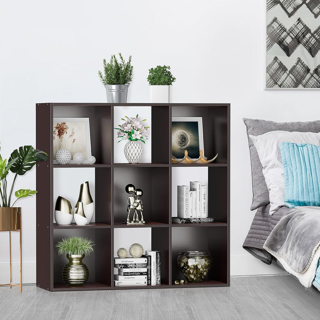 zenstyle 9 cube storage shelf organizer, wooden bookshelf shown in use