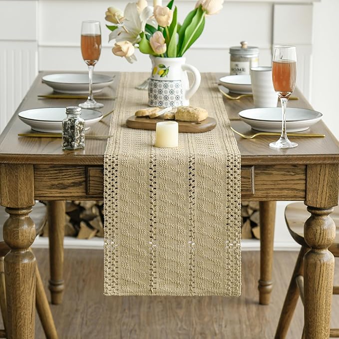 Artoid Mode Burlap Brown Farmhouse Woven Rustic Hollow Table Runner, Seasonal Holiday Hollow Kitchen Dining Table Decoration for Home Party Decor 12x72 Inch