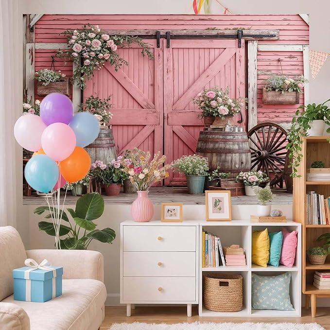 9x6ft Country Wedding Photography Backdrop Rustic Barn Door Photography Backdrop Farmhouse Pink Flower Cabin Wooden Birthday Baby Shower Wedding Bridal Party Banner Photo Booth Props Background
