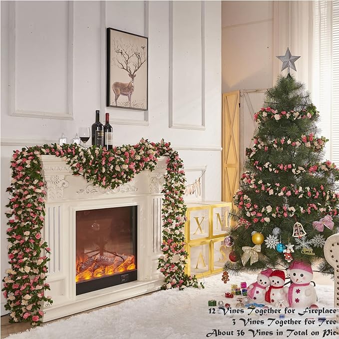 8 Pcs x 8.2 ft Flower Garland Artificial Rose Vine Flowers with Green Leaves Hanging Fake Roses Vine for Room Party Home Wedding Birthday Christmas Wall Arch Decor, Champagne Flower