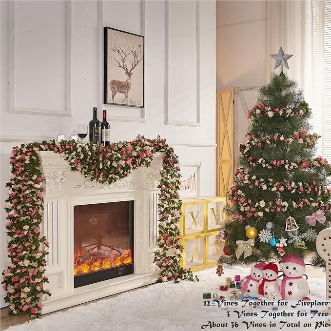 8 Pcs x 8.2 ft Flower Garland Artificial Rose Vine Flowers with Green Leaves Hanging Fake Roses Vine for Room Party Home Wedding Birthday Christmas Wall Arch Decor, Spring Pink Flower