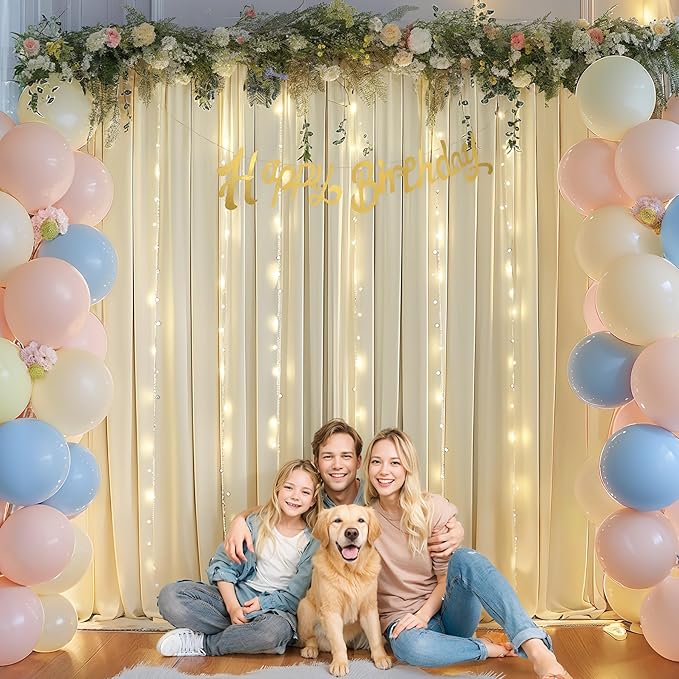 Beige Backdrop Curtains with Lights String for Parties,10x10FT Wrinkle Free Polyester Wedding Photo Backdrop Curtains for Baby Shower Birthday Ceremony Reception Home Party Decorations
