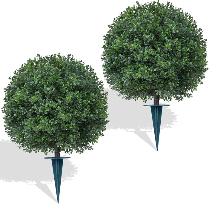 Yangrass 2PCS 24" Artificial Boxwood Topiary Ball Trees with Ground Spike