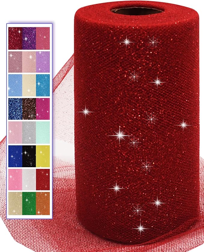 Glitter Tulle Fabric Rolls, 6 Inch 50 Yards (150ft) Sparkling Spool Ribbon Sequin Netting for Tutu Skirt Gift Wrapping Wedding Party Decoration (Red)