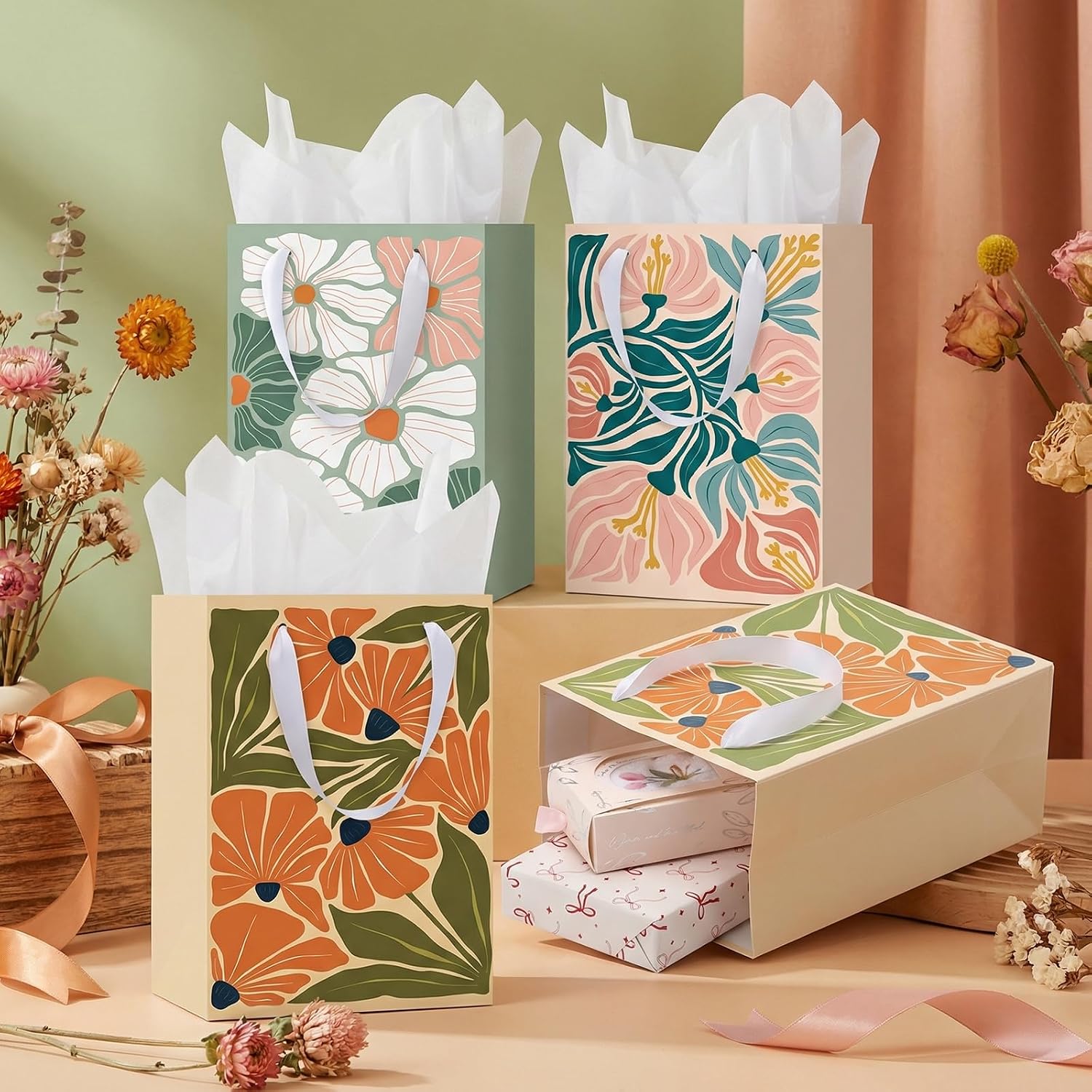 woric 10.6" Matisse Flowers Gift Bags, 4 Medium Floral Gift Bags for Women | 4 Floral Styles, Tissue Paper & Cards, Used for Wedding Bridal Showers, Baby Shower, Women Birthday, 10.6" X 7.8" X 4.7"