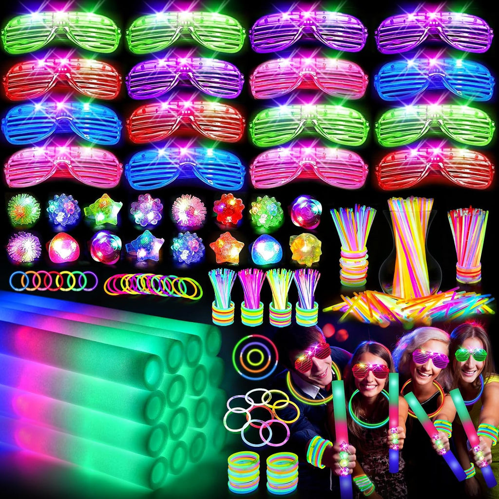 OLUPP 150 PCS Glow in the Dark Party Supplies, 16 Foam Sticks, 16 LED Glasses, 100 Glow Sticks and 18 Finger Lights for Neon Party, 4th of July, Wedding, Birthday, Concert, New Year, Carnivals, Raves