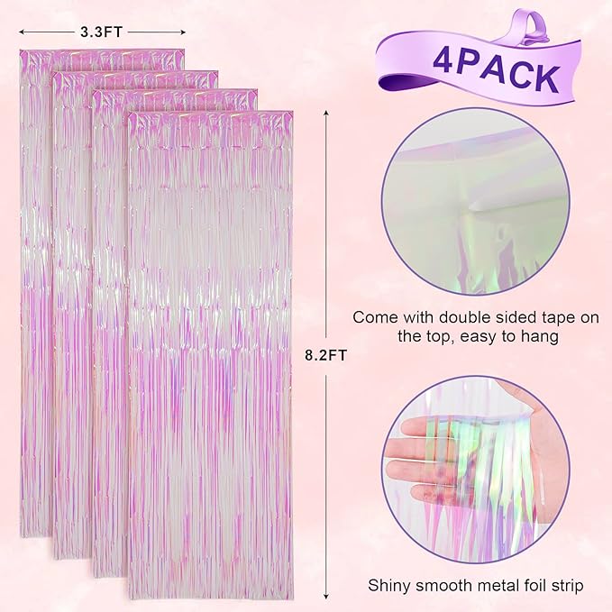 4 Pack Iridescent Transparent Foil Fringe Backdrop Curtains, Tinsel Streamers Birthday Party Decorations, Fringe Backdrop for Graduation, Baby Shower, Gender Reveal, Disco Party