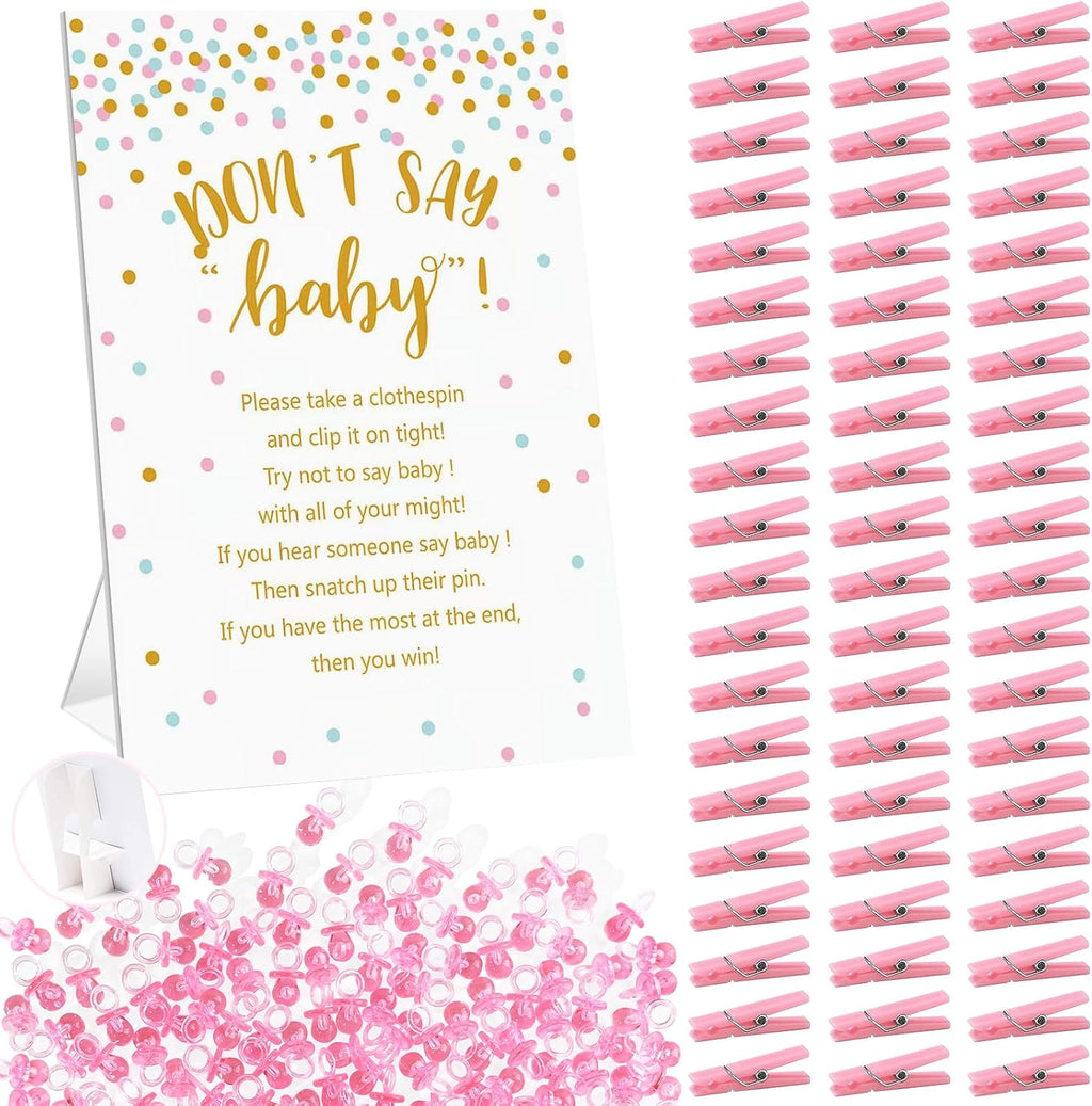 Don't Say Baby Shower Clothespin Game for Girl Includes 8x11 Standing Sign, 60 Mini Pink Clothes Pin, 60 Mini Pacifiers