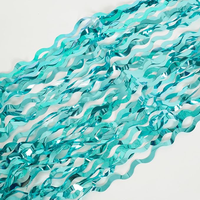 4 Pack 3.3 ft x 6.6 ft Wavy Aqua Teal Blue Tinsel Foil Fringe Curtains Backdrop - Wave Metallic Foil Curtains for Wedding Girl Princess Bachelorette Euphoria Theme Party Decoration