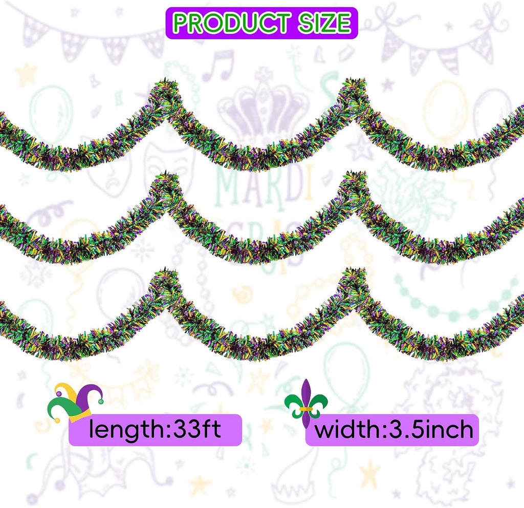 33FT Mardi Gras Tinsel Garland Purple Green Gold Metallic Twist Tinsel Garland Mardi Gras Hanging Garland for for Mardi Gras Carnival Deocoration Tree Stair Mantle Party Supply