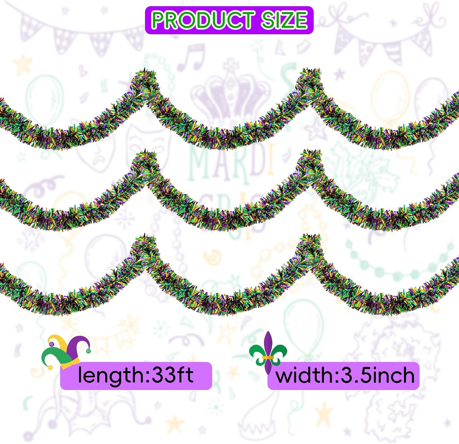 33FT Mardi Gras Tinsel Garland Purple Green Gold Metallic Twist Tinsel Garland Mardi Gras Hanging Garland for for Mardi Gras Carnival Deocoration Tree Stair Mantle Party Supply