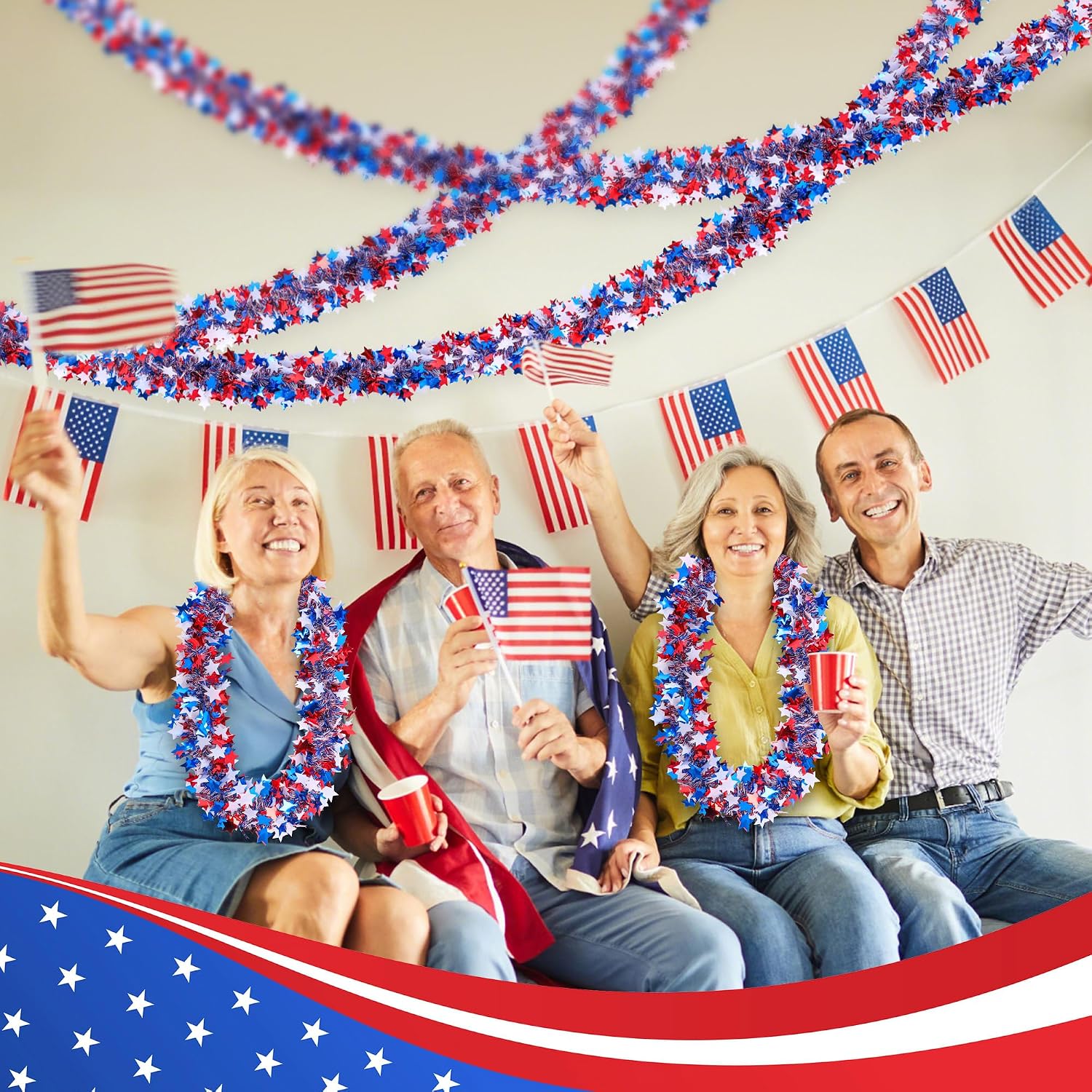 52.5Ft Patriotic Glitter Tinsel Garland Decoration, Red White Blue Star Metallic Tinsel Twist Garland, 4th of July Decor Parade Golf Cart Shiny Tinsels for Car Bike Independence Day Memorial Day Decor
