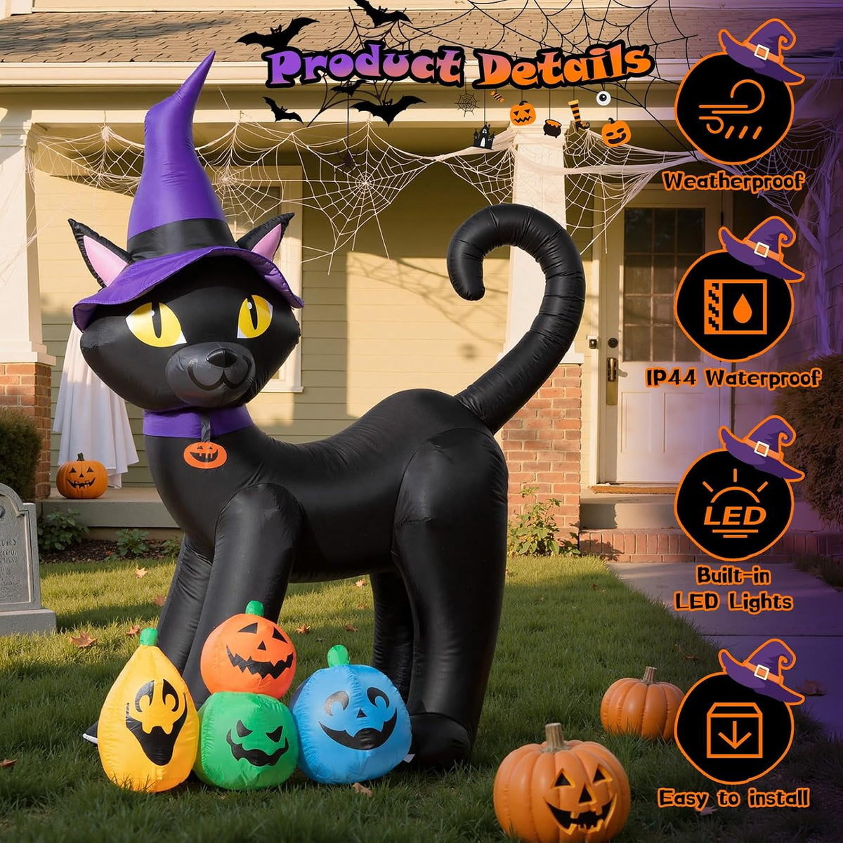 6FT Halloween Inflatable Black Cat with Witch Hat and 4 Colorful Pumpkins, Cu...