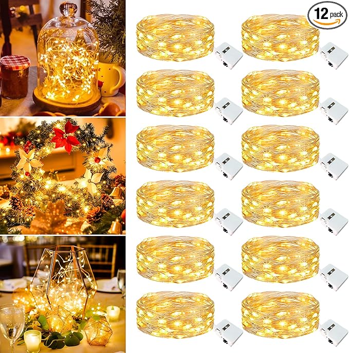 12 Pack Fairy Lights Battery Operated - 7ft 20 Led Twinkle Lights 3 Modes, Bulk Mini String Lights Waterproof for Mason Jars Vases DIY Party Wedding Decoration Christmas -Warm White
