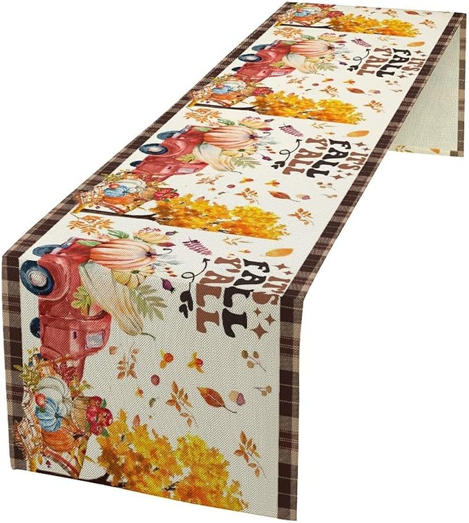 Fall Pumpkin Table Runner,Rustic Maple Yellow Leaf Trees Truncks Brown Plaid Tablecloth Burlap for Hotel Indoors Outdoor Dining Room Kitchen Home Decor,W13X L70 in