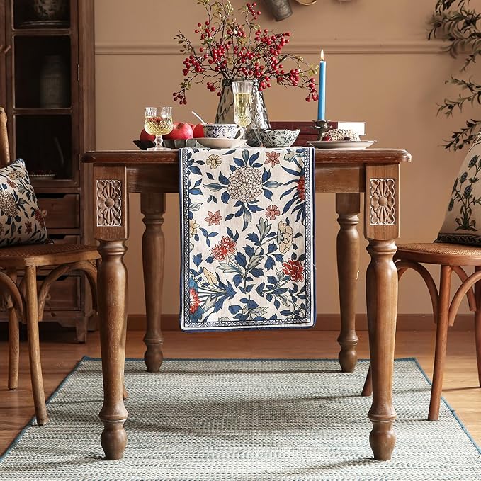 patdrea Designer Blue Cottage Rustic Floral Patterned Linen Table Runner 87 Inch Long,Wrinkle Resistant Table Mat,Decoration for Kitchen Dining and Coffee Tables Banquet Christmas , 12"x87"