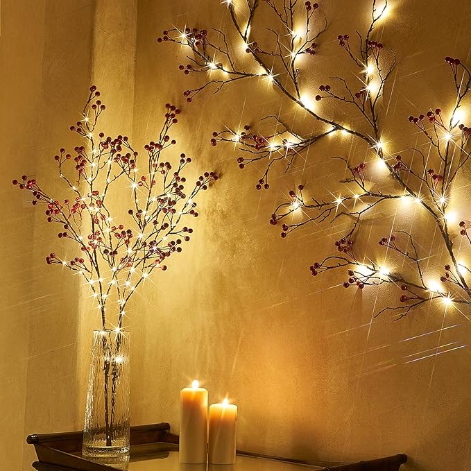 Fudios Lighted Red Berry Branches 80 LED Fairy Lights with Timer USB Plug in or Battery Operated, Artificial Twig Branches with Lights 32IN Christmas Home Fireplace Mantle Decoration