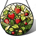 Stained Glass Window Hanging - Red Strawberry Suncatcher for Doors Window Home Green Plant Sun Catchers Decor Christmas Mother's Day Birthday Gifts for Teacher Women Men Mom Nana 15 in