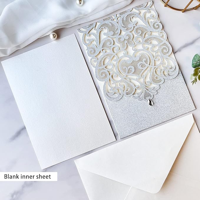 Hosmsua 5.12 x 7.3 Inch 50pcs Silver Laser Cut Lace Flora Wedding Invitation Cards with Rhinestone and Envelopes Customized Printed Invitations for Bridal Shower Quinceañera Wedding Invite