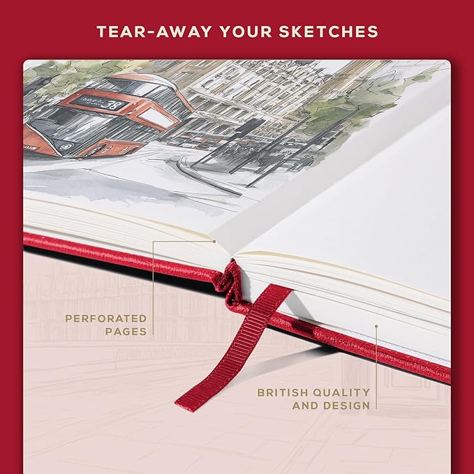 Beechmore Books A4 Sketchbook – 8.5x11 Premium Vegan Leather Bound Large Sketch Book Hardcover with 156 Thick 160gsm Perforated Ivory Pages, Blank Sketch Pad, Gift Boxed, Back Pocket, Ribbon Bookmark