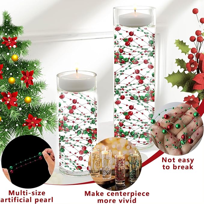 50 PCS Artificial Floating Beads for Centerpieces Vases, 8+3mm String Beads for Christmas Party Pearl String for Decoration, Red & Green String Pearls for Crafts Vase Fillers