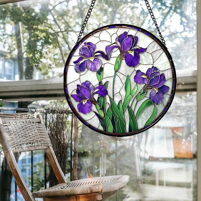 Stained Glass Window Hanging - Purple Iris Flower Sun Catcher for Door Terrace Garden Home Decor, Green Plants Suncatcher Birthday Gifts for Lovers Women Men Dad Mom Nana 9.8 in