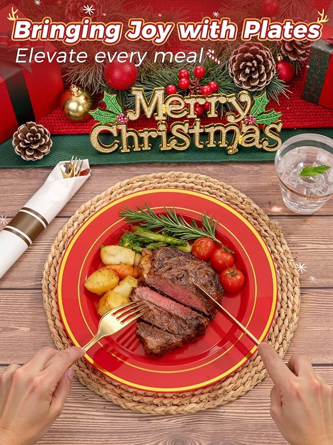 350Pieces Christmas Plates with Gold Plastic Silverware - Red Plastic Plates with Gold Rim Include 50Dinner Plate 10”, 50Dessert Plate 7”, 50 gold Cups 9 OZ, 50 Pre Rolled Napkins for Christmas/Party