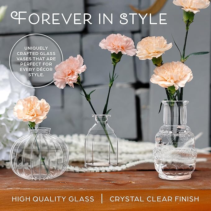 Gather & Bloom Creations Glass Bud Vases in Bulk – Set of 10 Mini Wedding Centerpiece Vases – Durable, Vintage-Inspired Clear Glass Vases for Flowers and Table Decor