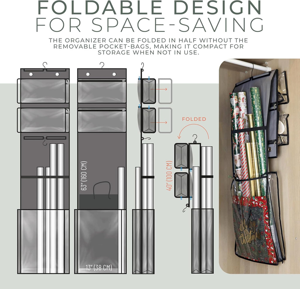 Hanging Wrapping Paper Organizer 63", Over-the-Door Gift Bag & Wrap Storage | Vertical Gift Wrap Holder with 4 Zipper Bags, Transparent Pockets & Hooks – Gift Paper Rolls, Ribbons & Accessories Storage