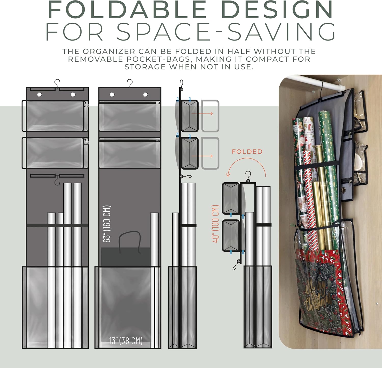 Hanging Wrapping Paper Organizer 63", Over-the-Door Gift Bag & Wrap Storage | Vertical Gift Wrap Holder with 4 Zipper Bags, Transparent Pockets & Hooks – Gift Paper Rolls, Ribbons & Accessories Storage