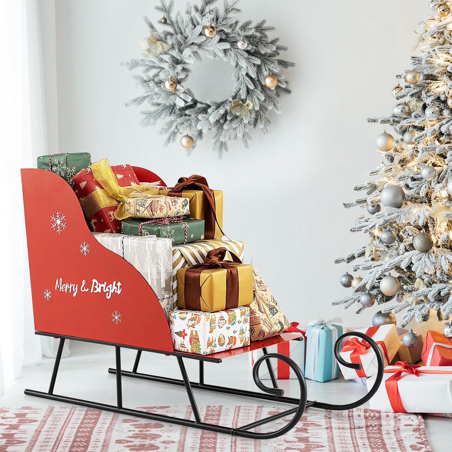 Metal Christmas Santa Sleigh Basket, Red Christmas Sleigh Decoration for Gift Storage, Santa’s Gift Sleigh for Holiday Displays, Festive Decorative Sleigh Cart for Indoor Outdoor Home Party