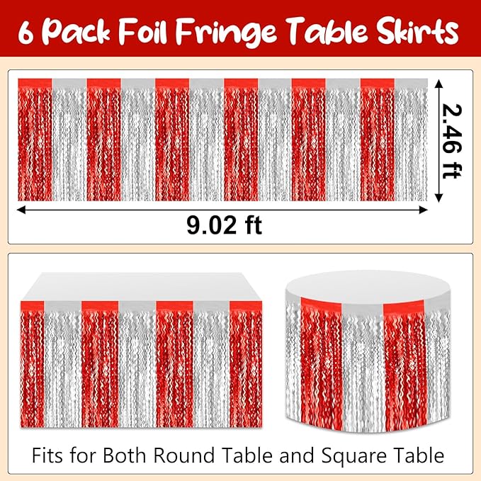 6 Pack 29 x108 Inch Red Silver Wave Foil Fringe Table Skirts Metallic Banner for Tinsel Streamer Garland Backdrop for Parade Floats, Mother's Day, Easter, Wedding, Birthday Party Decoration