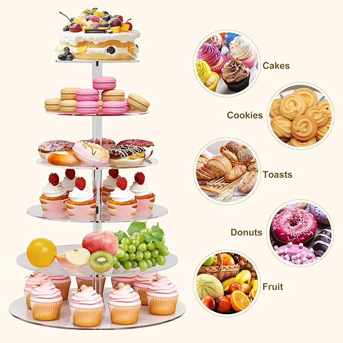 Cupcake Stand, 6 Tier Cupcake Stand for 50 Cupcakes, Round Acrylic Dessert Table Display, Clear Cupcake Tower Display for Party, Wedding, Graduation, Baby Shower
