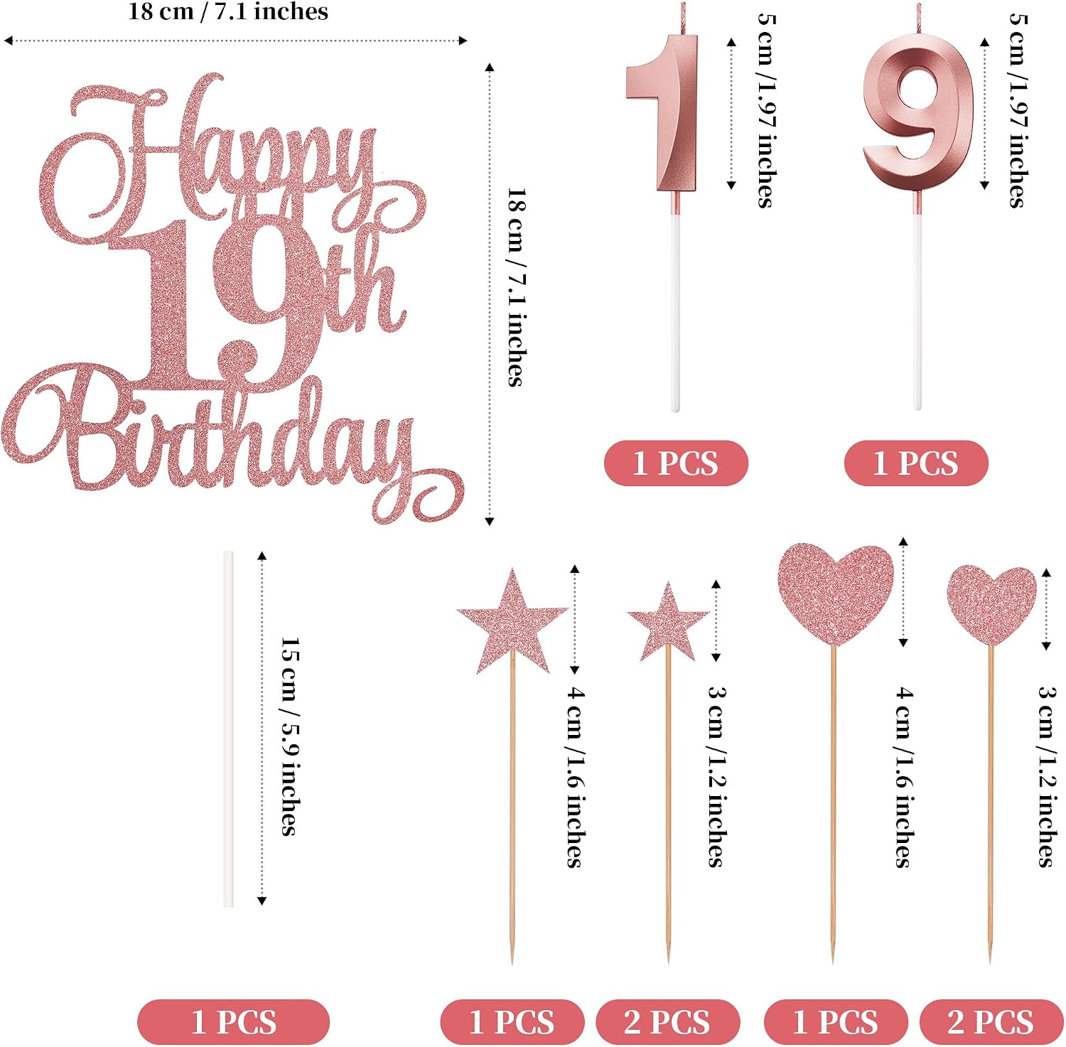 19th Birthday Cake Decorations, 19th Birthday Candles Cake Numeral Candles and Glitter Happy 19th Birthday Cake Toppers Set for Birthday Party Supplies (Rose Gold)