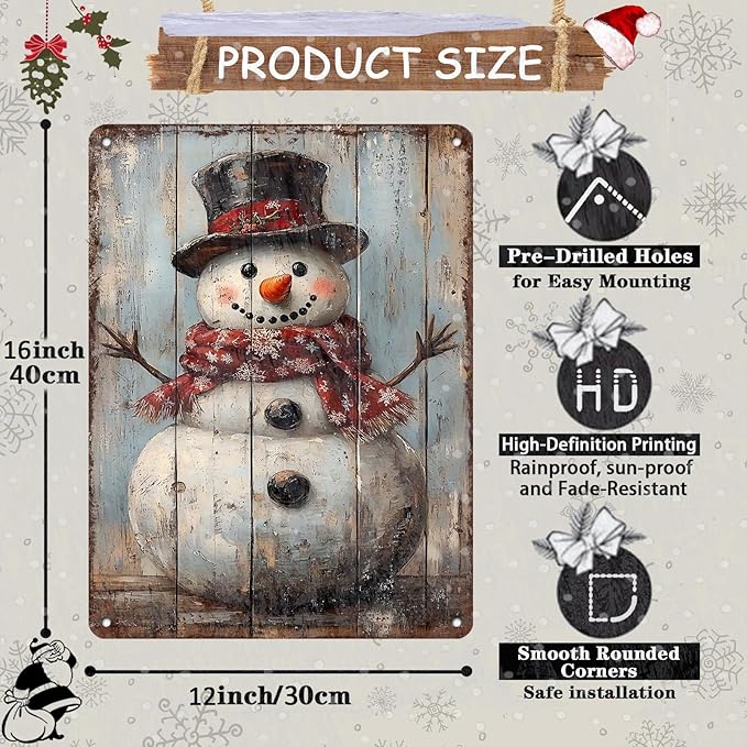 Vintage Christmas Metal Tin Sign Snowman Retro Wall Decor Christmas Tin Sign for Winter Outdoor 12x16Inch