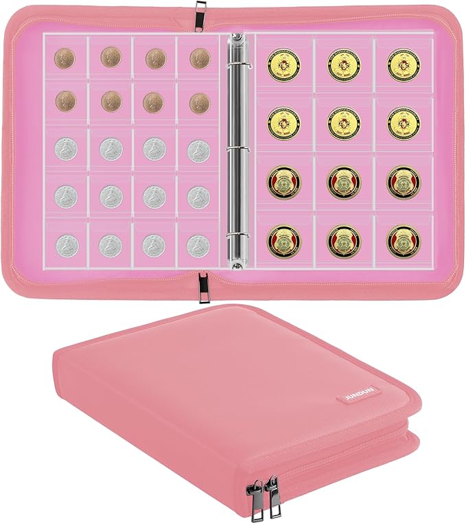Coin Collection Book for Collector,260 Pockets Fireproof Coin Collection Holder Album,Coin Collection Organizer Storage Box Case Album for 20/25/ 27/30/ 38mm Coins,Pink