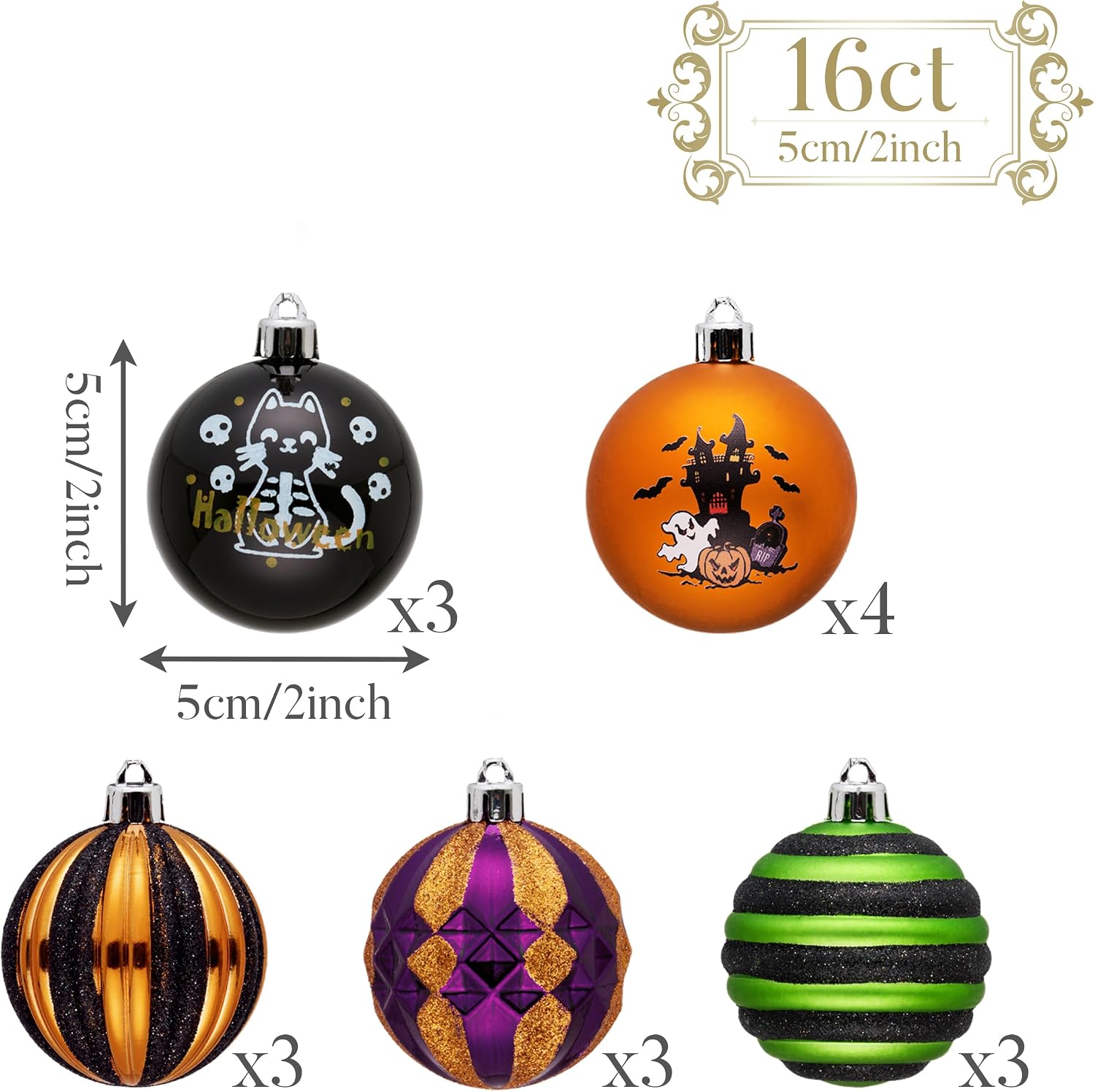 Valery Madelyn 16ct Halloween Ornaments Tree Decorations Indoor 2 Inch | Black Cat Castle Vintage Variety Hanging Ball Ornaments Set for Small Tree, Cute Holiday Party Home Decor