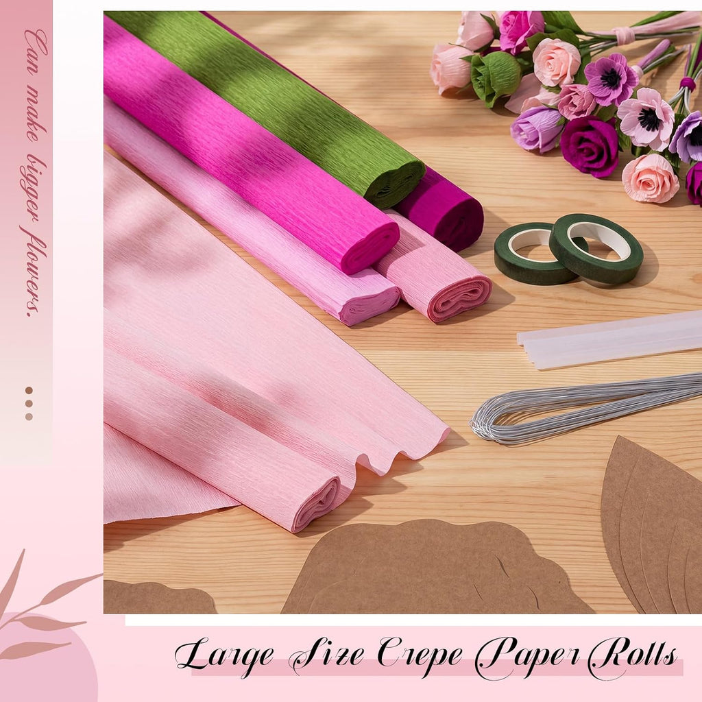 AmazingSpark 6 Colors Crepe Paper 17 x 98 Inch Crepe Paper Sheet with 5 Set Different Petal Template, 2 Roll Floral Tape, Iron Wire and Hot Melt Glue Stick DIY Craft Party (Red Rose Color Scheme)