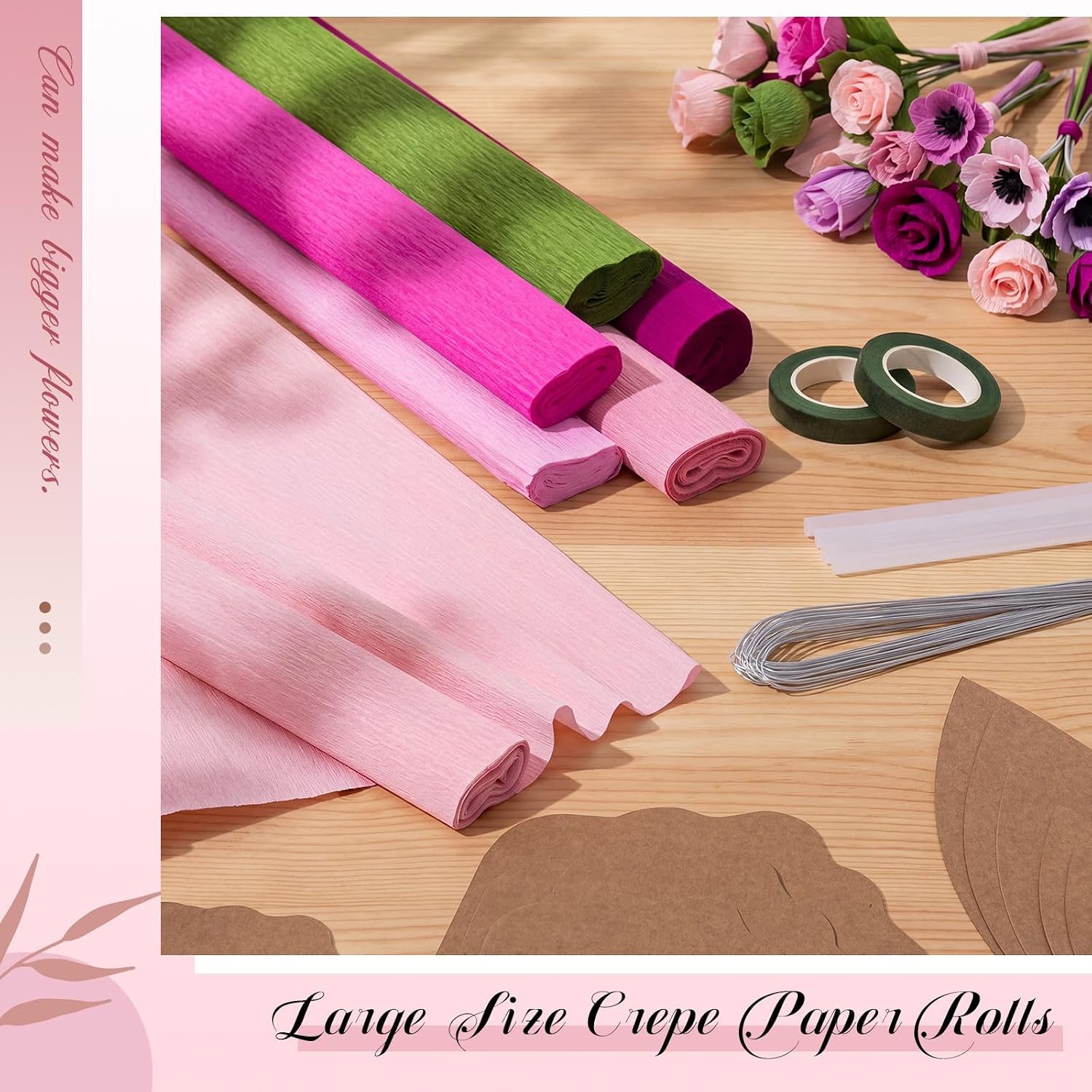 AmazingSpark 6 Colors Crepe Paper 17 x 98 Inch Crepe Paper Sheet with 5 Set Different Petal Template, 2 Roll Floral Tape, Iron Wire and Hot Melt Glue Stick DIY Craft Party (Red Rose Color Scheme)