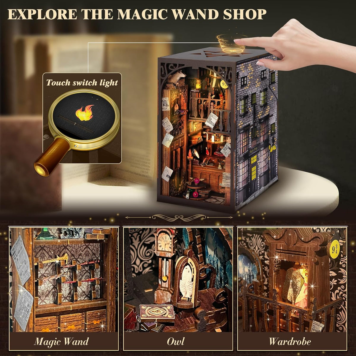 diy book nook kit, 3d wooden puzzle miniature, close-up detail