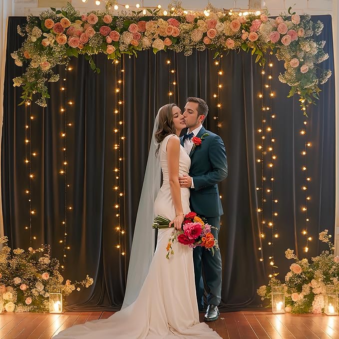 Black Backdrop Curtain with Lights String for Parties,10x10FT Wrinkle Free Black Drapes Wedding Photo Backdrop Curtains for Baby Shower Birthday Ceremony Reception Home Party Decorations
