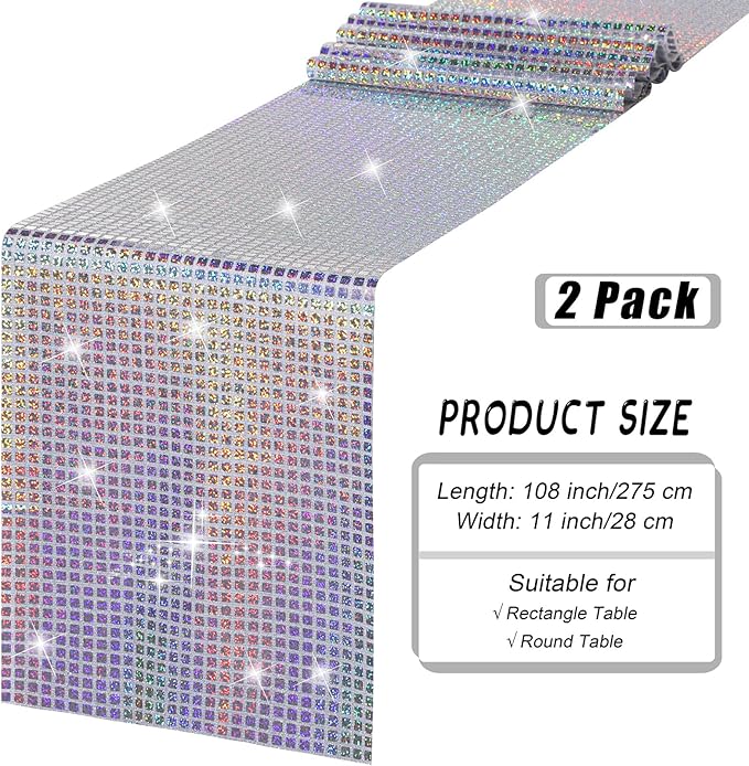 Durony 2 Pack Disco Table Runner 11 x 108 Inch Mirror Silver Laser Glitter Foil Cover With Sparkle Sequin for Bachelorette, 70s, Cowgirl Party Decorations