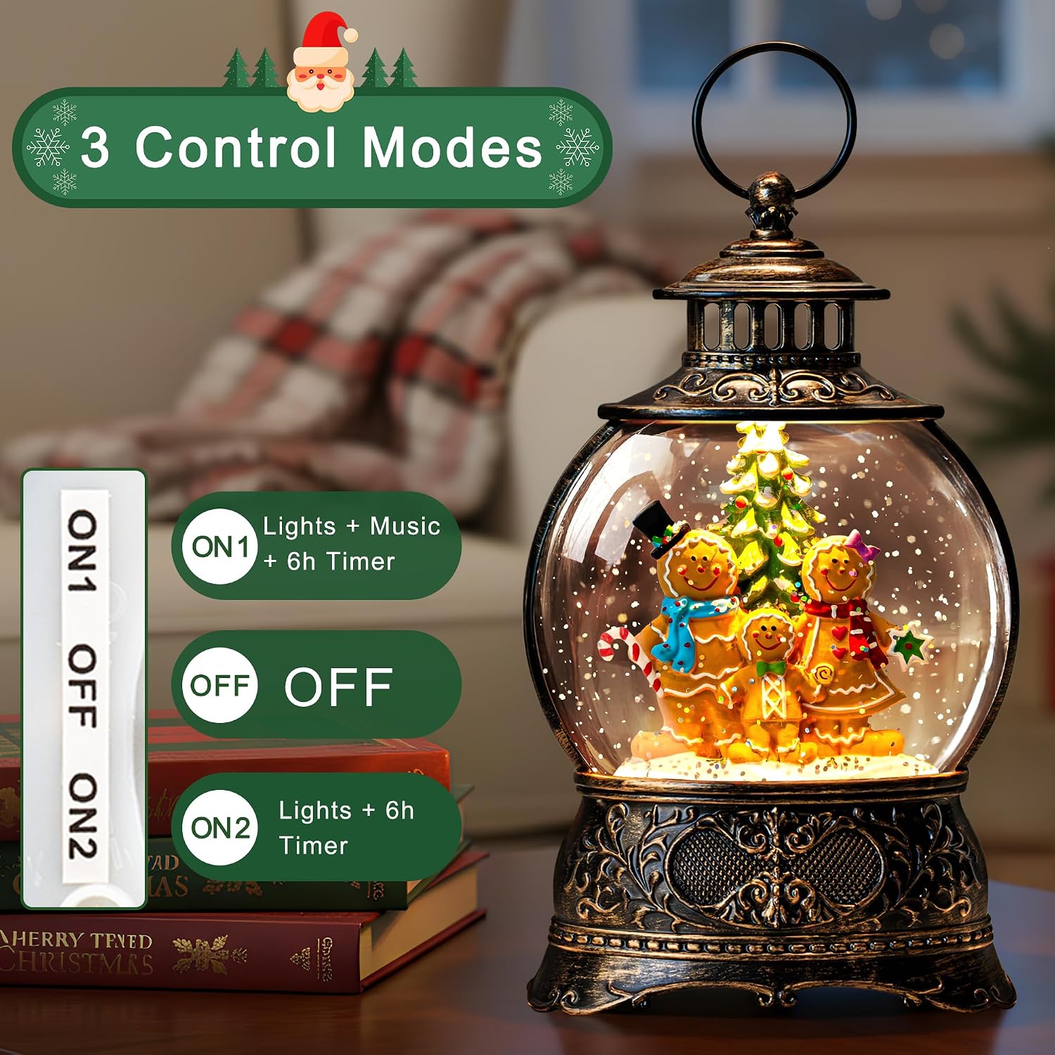 Christmas Snow Globe Water Lantern with Gingerbread Scene Battery Operated or USB Powered Musical Lighted Holiday Decoration for Tabletop Display for Family and Friends