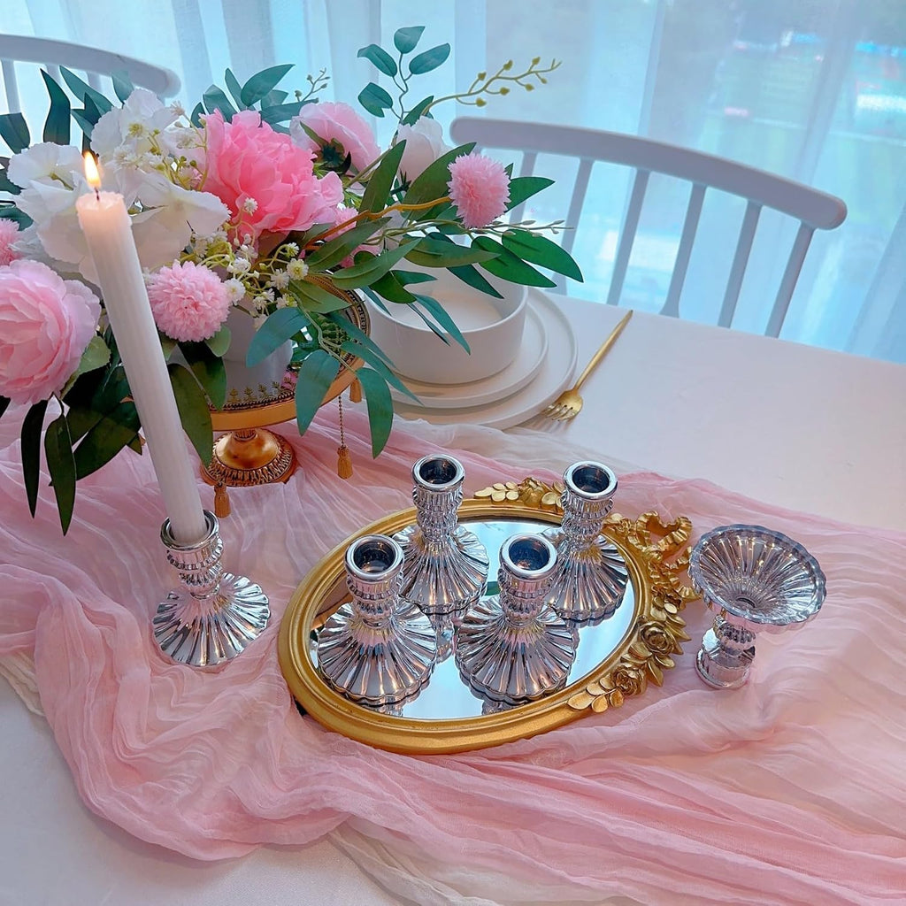 Silver Glass Candlestick Holders, Taper Candle Holders, Set of 6 | Silver glass for taper holders, ideal for wedding centerpieces, parties, dining tables, Thanksgiving and Christmas home decor